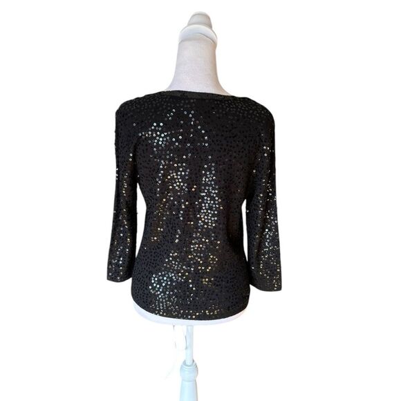 Talbots Black Sequin Sweater V Neck 3/4 Sleeve Silk Cashmere Blend Womens Small - Picture 2 of 11